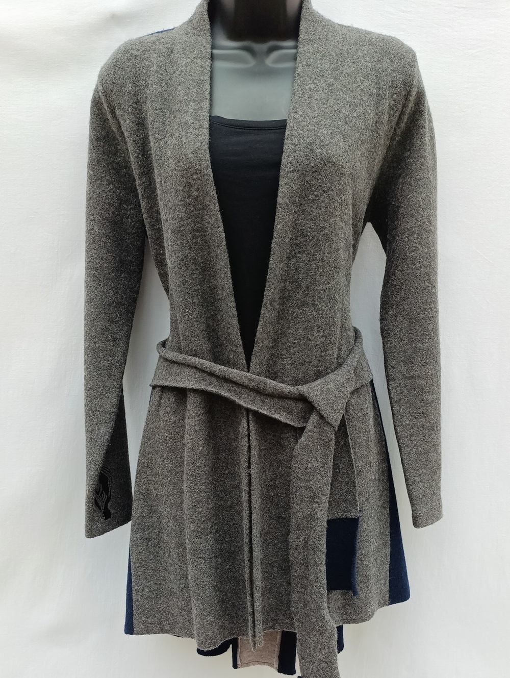 Rosie Neira Women's Open Front Belted Cardigan Sweater - Gray And Navy